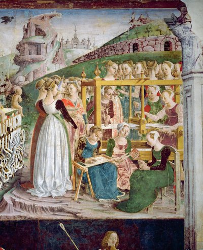 De Triomf van Minerva: Maart, uit de Kamer van de Maanden, detail (detail) van de wevers, c.1467-70 door Francesco del Cossa